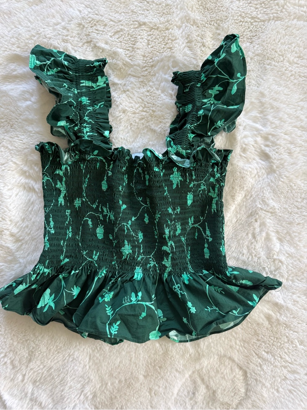 NWOT Hill House The Paz Emerald Floral Smocked Peplum Top - Picture 2 of 6